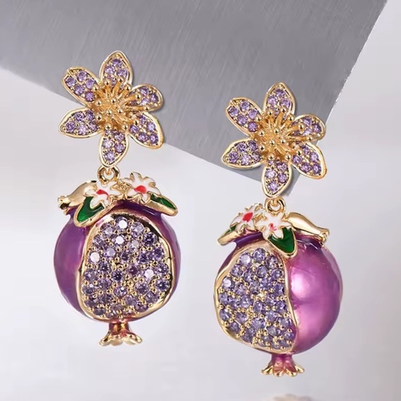 Anthropologie Jewelry - Unique Pomegranate Purple and Gold Floral Earrings